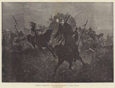 メールコーチを攻撃する北アメリカインディアン 作： Richard Caton Woodville junior